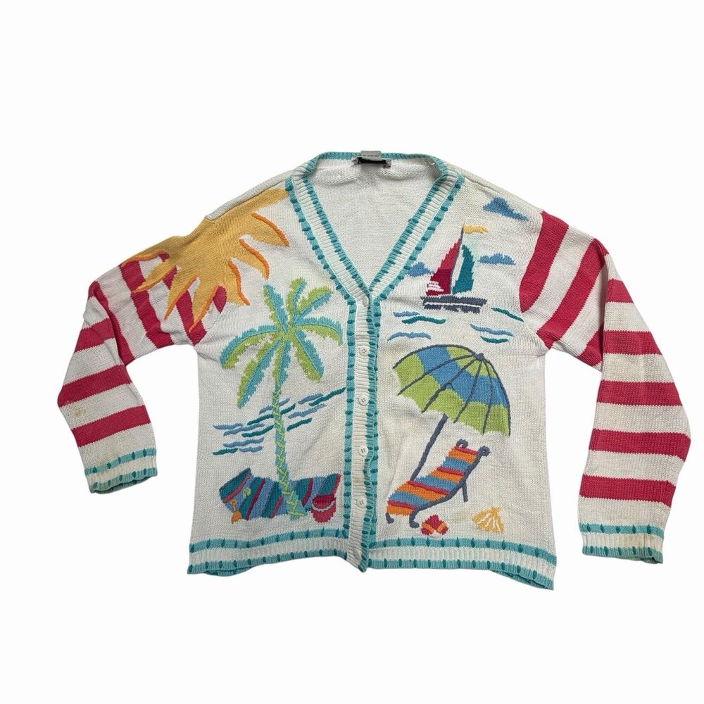 VTG Beach Cardigan Tropical Palm Sailboat Novelty Knit Coastal Grandma Sweat